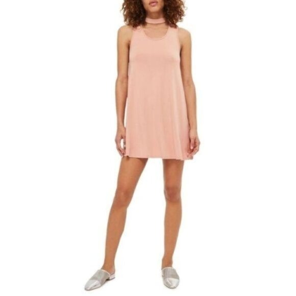 Topshop Light Dusty Pink Choker Sleeveless Swing T-Shirt Dress 4 - Picture 1 of 5